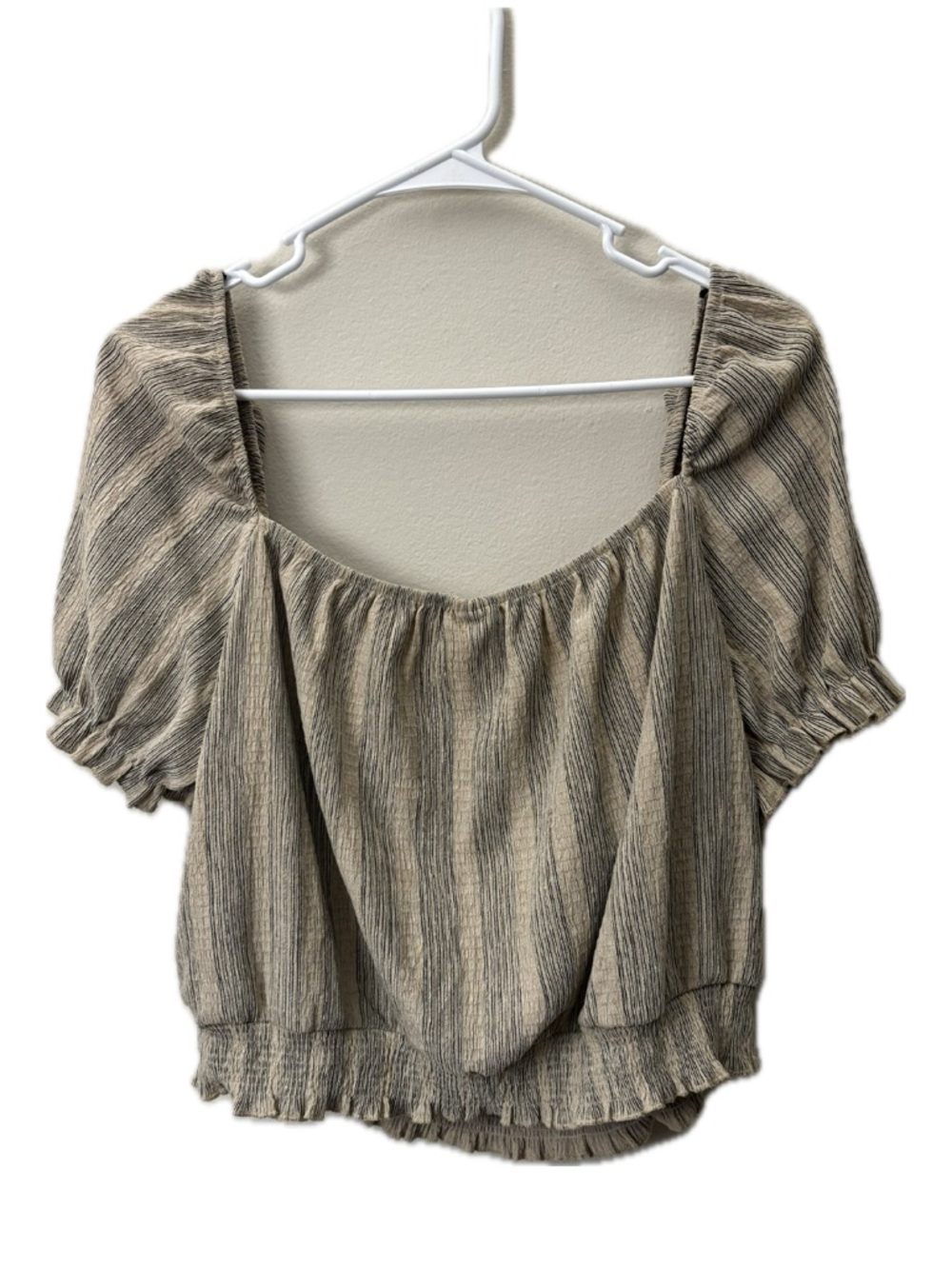 H&M Off Shoulder Crinkle Blouse Size L Taupe Striped Boho Top